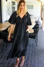 Load image into Gallery viewer, Talk Of The Town Black Elastic V Neck Tiered Maxi Dress
