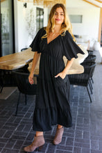 Load image into Gallery viewer, Talk Of The Town Black Elastic V Neck Tiered Maxi Dress
