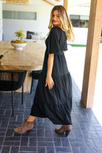 Load image into Gallery viewer, Talk Of The Town Black Elastic V Neck Tiered Maxi Dress
