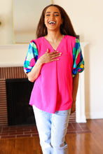 Load image into Gallery viewer, Tell Your Story Fuchsia Geo Print Puff Sleeve V Neck Top
