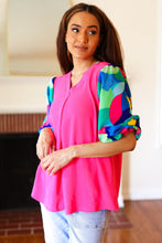 Load image into Gallery viewer, Tell Your Story Fuchsia Geo Print Puff Sleeve V Neck Top
