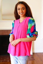 Load image into Gallery viewer, Tell Your Story Fuchsia Geo Print Puff Sleeve V Neck Top
