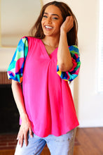 Load image into Gallery viewer, Tell Your Story Fuchsia Geo Print Puff Sleeve V Neck Top
