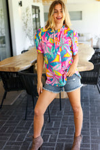 Load image into Gallery viewer, Vacay Ready Fuchsia Tropical Print Frill Mock Neck Top
