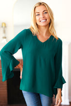 Load image into Gallery viewer, Falling In Love Hunter Green Hi-Lo Ruffle Sleeve Woven Top
