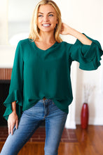 Load image into Gallery viewer, Falling In Love Hunter Green Hi-Lo Ruffle Sleeve Woven Top
