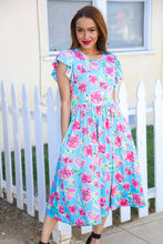 Load image into Gallery viewer, Feeling Femme Sky Blue Big Floral Folded Ruffle Sleeves Midi Dress
