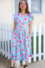 Load image into Gallery viewer, Feeling Femme Sky Blue Big Floral Folded Ruffle Sleeves Midi Dress
