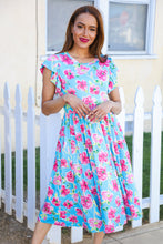 Load image into Gallery viewer, Feeling Femme Sky Blue Big Floral Folded Ruffle Sleeves Midi Dress
