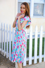 Load image into Gallery viewer, Feeling Femme Sky Blue Big Floral Folded Ruffle Sleeves Midi Dress
