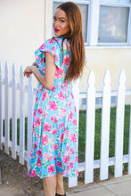 Load image into Gallery viewer, Feeling Femme Sky Blue Big Floral Folded Ruffle Sleeves Midi Dress
