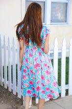 Load image into Gallery viewer, Feeling Femme Sky Blue Big Floral Folded Ruffle Sleeves Midi Dress
