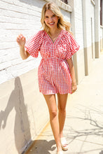 Load image into Gallery viewer, Festival Ready Cotton Red Checker Elastic V Neck Romper
