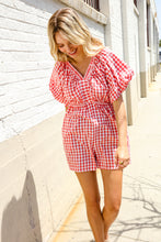 Load image into Gallery viewer, Festival Ready Cotton Red Checker Elastic V Neck Romper
