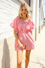 Load image into Gallery viewer, Festival Ready Cotton Red Checker Elastic V Neck Romper
