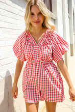 Load image into Gallery viewer, Festival Ready Cotton Red Checker Elastic V Neck Romper

