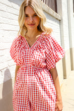 Load image into Gallery viewer, Festival Ready Cotton Red Checker Elastic V Neck Romper
