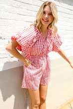 Load image into Gallery viewer, Festival Ready Cotton Red Checker Elastic V Neck Romper
