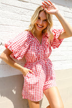 Load image into Gallery viewer, Festival Ready Cotton Red Checker Elastic V Neck Romper
