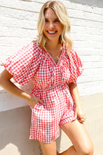 Load image into Gallery viewer, Festival Ready Cotton Red Checker Elastic V Neck Romper
