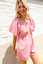 Load image into Gallery viewer, Festival Ready Cotton Red Checker Elastic V Neck Romper
