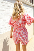 Load image into Gallery viewer, Festival Ready Cotton Red Checker Elastic V Neck Romper
