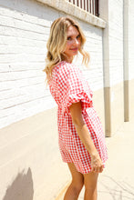 Load image into Gallery viewer, Festival Ready Cotton Red Checker Elastic V Neck Romper
