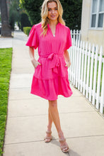 Load image into Gallery viewer, Star Struck Fuchsia Notched Neck Balloon Sleeve Sash Belt Mini Dress
