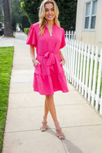 Load image into Gallery viewer, Star Struck Fuchsia Notched Neck Balloon Sleeve Sash Belt Mini Dress
