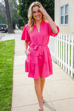 Load image into Gallery viewer, Star Struck Fuchsia Notched Neck Balloon Sleeve Sash Belt Mini Dress
