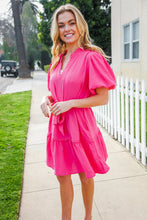 Load image into Gallery viewer, Star Struck Fuchsia Notched Neck Balloon Sleeve Sash Belt Mini Dress
