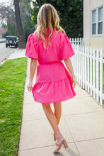 Load image into Gallery viewer, Star Struck Fuchsia Notched Neck Balloon Sleeve Sash Belt Mini Dress
