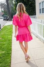 Load image into Gallery viewer, Star Struck Fuchsia Notched Neck Balloon Sleeve Sash Belt Mini Dress
