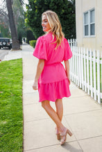 Load image into Gallery viewer, Star Struck Fuchsia Notched Neck Balloon Sleeve Sash Belt Mini Dress
