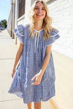 Load image into Gallery viewer, Beautiful You Blue Checker Gingham Tie Front Double Ruffle Sleeve Midi Dress
