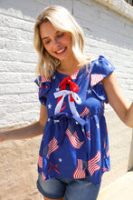 Load image into Gallery viewer, American Flag Blue &amp; Red Stars &amp; Bow Print Woven Top

