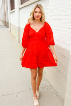 Load image into Gallery viewer, Love Found Red Crepe Sweetheart Wrap Yoke Puff Sleeve Lined Dress
