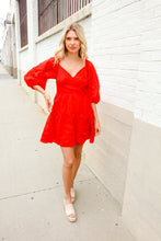 Load image into Gallery viewer, Love Found Red Crepe Sweetheart Wrap Yoke Puff Sleeve Lined Dress
