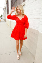 Load image into Gallery viewer, Love Found Red Crepe Sweetheart Wrap Yoke Puff Sleeve Lined Dress
