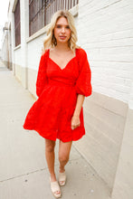 Load image into Gallery viewer, Love Found Red Crepe Sweetheart Wrap Yoke Puff Sleeve Lined Dress
