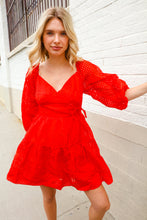 Load image into Gallery viewer, Love Found Red Crepe Sweetheart Wrap Yoke Puff Sleeve Lined Dress
