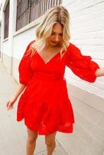 Load image into Gallery viewer, Love Found Red Crepe Sweetheart Wrap Yoke Puff Sleeve Lined Dress
