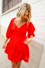 Load image into Gallery viewer, Love Found Red Crepe Sweetheart Wrap Yoke Puff Sleeve Lined Dress
