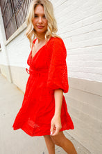 Load image into Gallery viewer, Love Found Red Crepe Sweetheart Wrap Yoke Puff Sleeve Lined Dress
