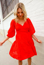 Load image into Gallery viewer, Love Found Red Crepe Sweetheart Wrap Yoke Puff Sleeve Lined Dress
