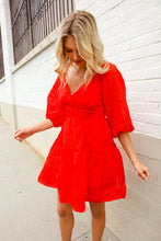 Load image into Gallery viewer, Love Found Red Crepe Sweetheart Wrap Yoke Puff Sleeve Lined Dress
