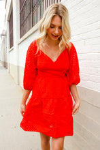 Load image into Gallery viewer, Love Found Red Crepe Sweetheart Wrap Yoke Puff Sleeve Lined Dress
