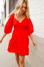 Load image into Gallery viewer, Love Found Red Crepe Sweetheart Wrap Yoke Puff Sleeve Lined Dress
