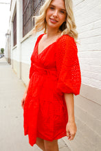 Load image into Gallery viewer, Love Found Red Crepe Sweetheart Wrap Yoke Puff Sleeve Lined Dress
