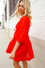 Load image into Gallery viewer, Love Found Red Crepe Sweetheart Wrap Yoke Puff Sleeve Lined Dress
